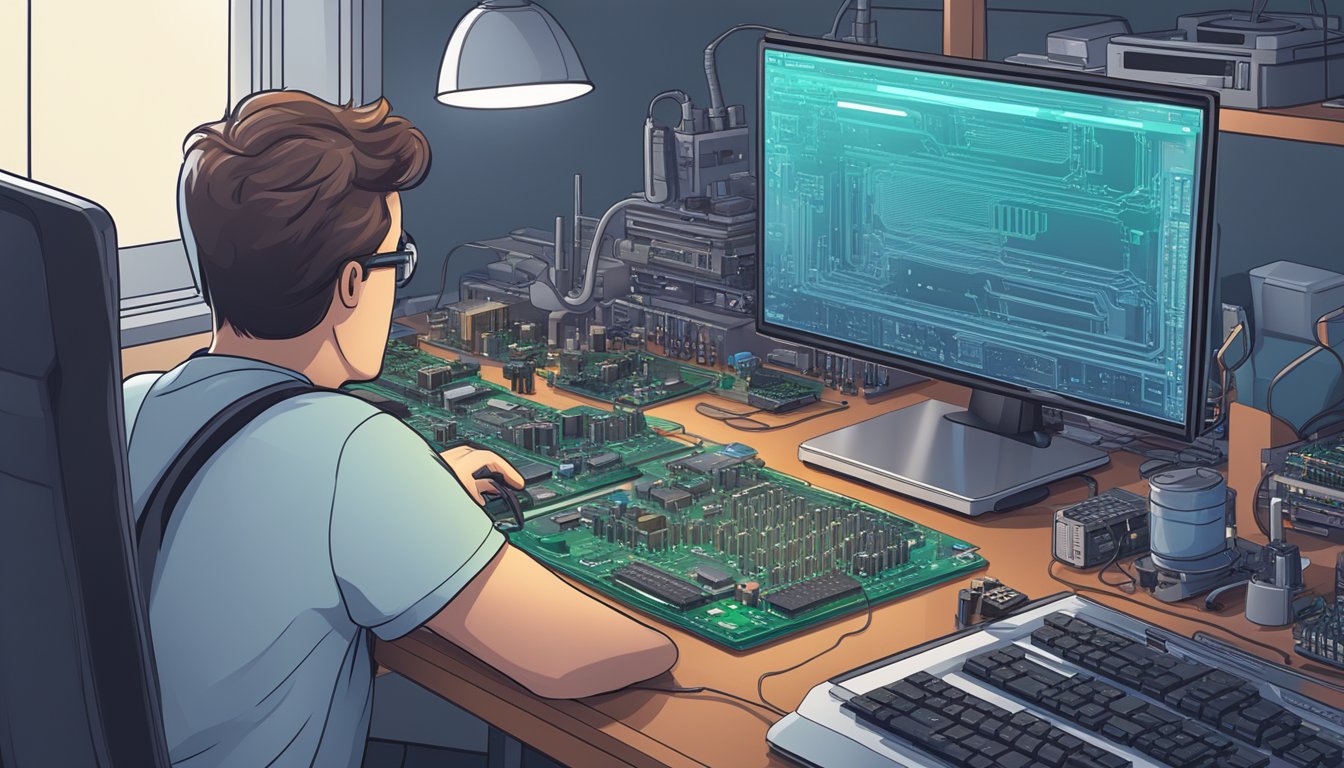 A person carefully examining different motherboards on a table, comparing features and specifications, with a computer monitor and keyboard in the background