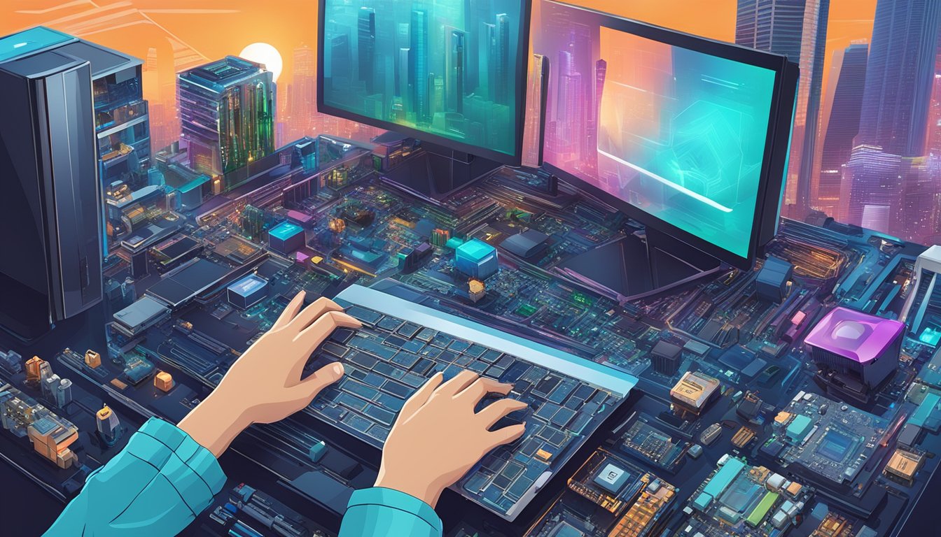 A hand reaching for a sleek motherboard, surrounded by computer components and tools, with a backdrop of a vibrant Singapore cityscape