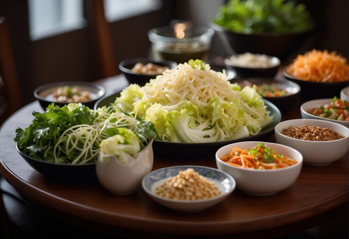 A table set with various cold dishes and salads, prominently featuring Napa cabbage in Chinese-inspired recipes