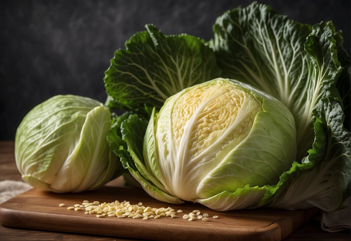 A colorful array of fresh napa cabbage, along with various Chinese ingredients, is displayed next to a detailed nutritional information label highlighting its health benefits