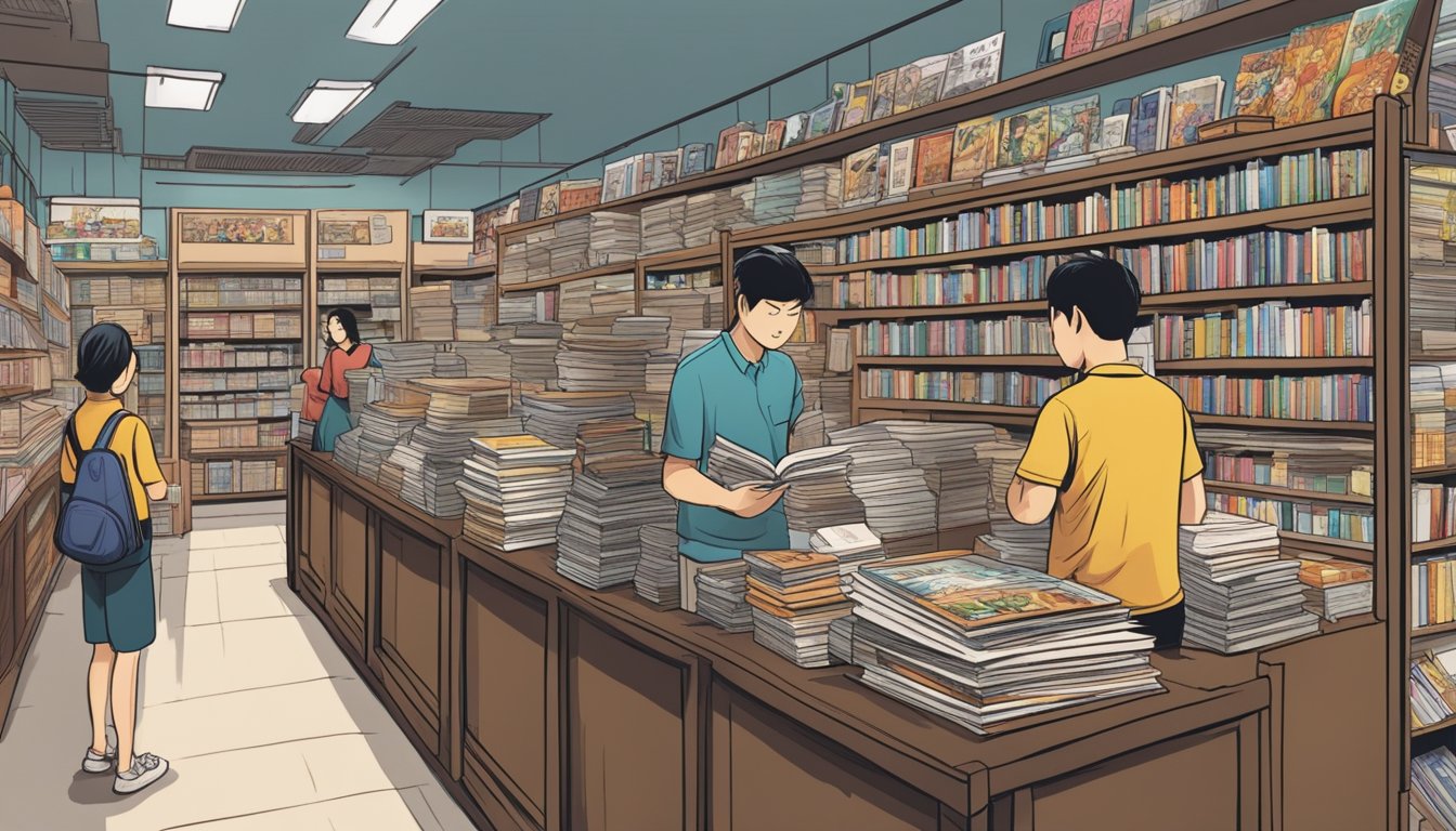 A bustling bookstore in Singapore displays Lao Fu Zi comics prominently on its shelves, with customers flipping through the pages and making purchases