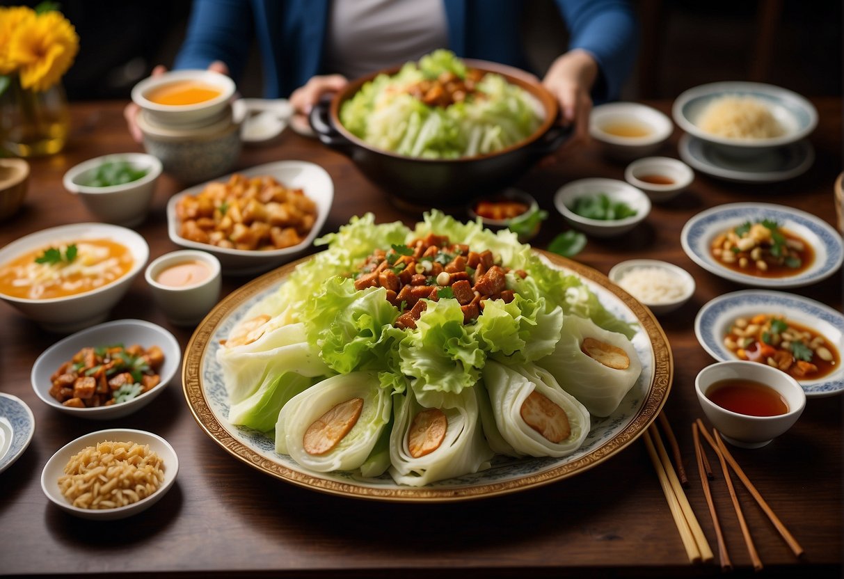 A table with various Chinese dishes made with napa cabbage, surrounded by eager diners with chopsticks in hand