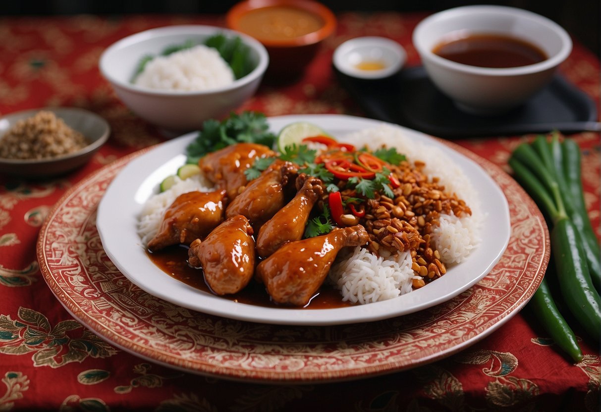 A steaming plate of Chinese nasi ayam, with tender chicken, fragrant rice, and a side of chili sauce, sits on a patterned tablecloth