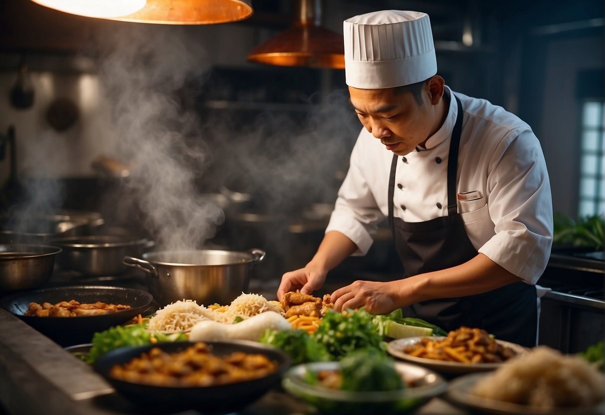 A Chinese chef prepares nasi ayam, combining fragrant rice and succulent chicken, reflecting the dish's rich history and origin