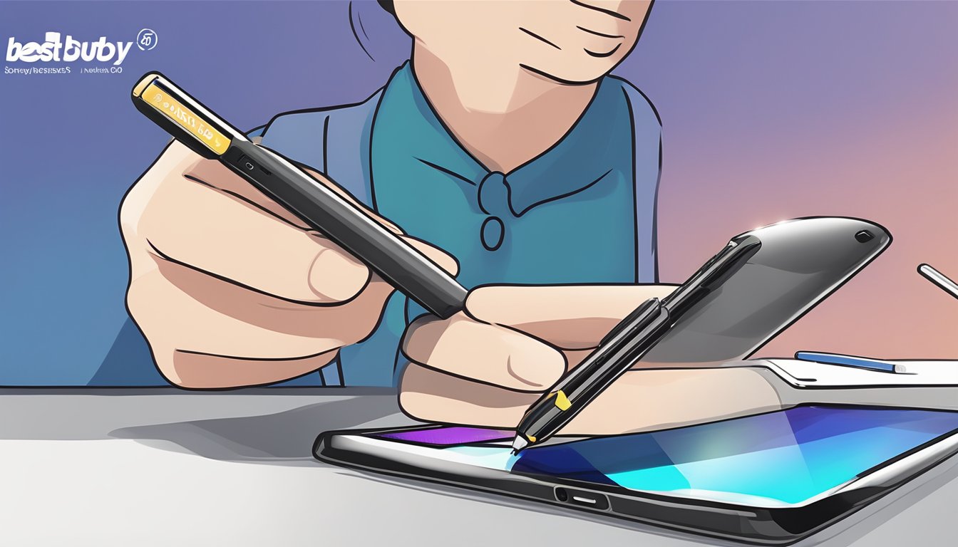 A hand holding a Samsung Note 8 stylus, with a Best Buy logo in the background