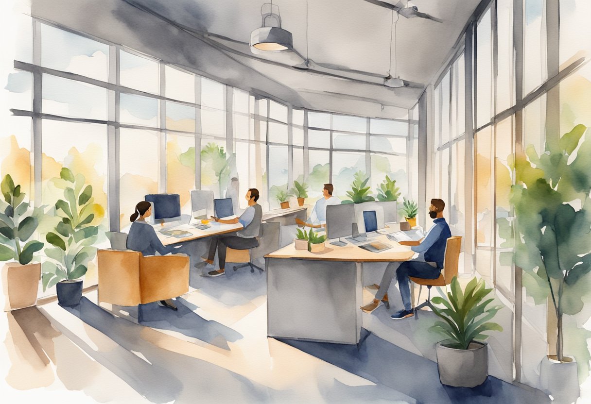 A bright, open office space with a welcoming atmosphere. Friendly coworkers engaging in casual conversations. A warm, inviting environment with approachable body language