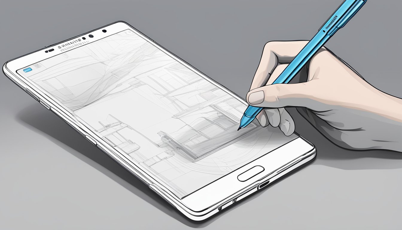 A hand holding the Samsung Galaxy Note 8 with the stylus extended, showcasing its sleek design and functionality