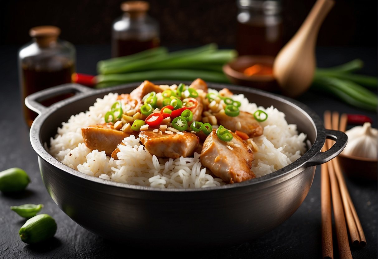 A steaming pot of fragrant chicken and rice, surrounded by garlic, ginger, and soy sauce bottles, with a sprinkle of green onions and chili peppers