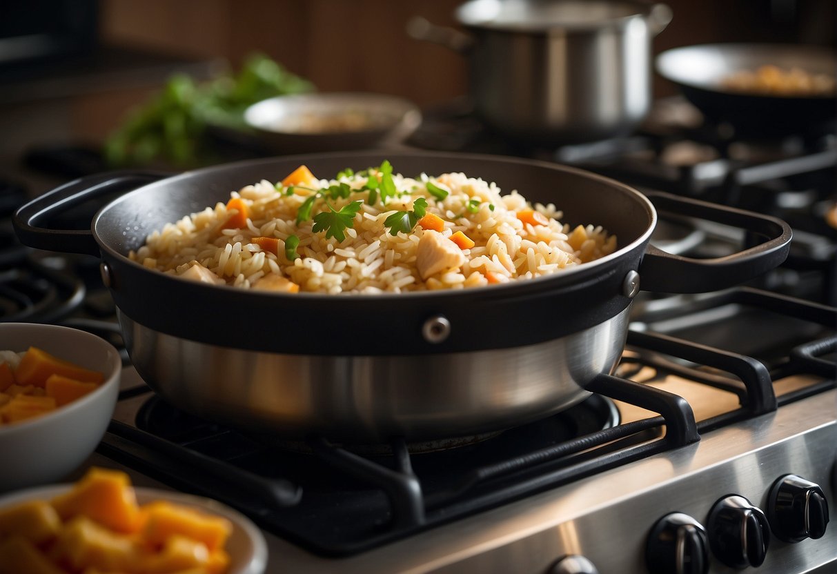 A pot of rice simmers on a stovetop. A wok sizzles with chicken, garlic, and ginger. Soy sauce and spices are added