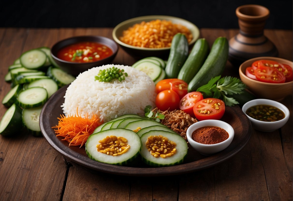 A table set with nasi ayam ingredients: sliced cucumbers, tomatoes, and fragrant herbs. Soy sauce and chili paste sit nearby