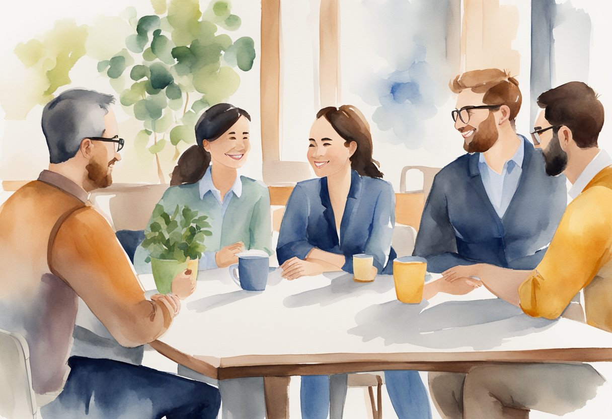 A group of coworkers engage in open, friendly conversation, with relaxed postures and attentive body language. The atmosphere is warm and inviting, with nods, smiles, and gestures of inclusion