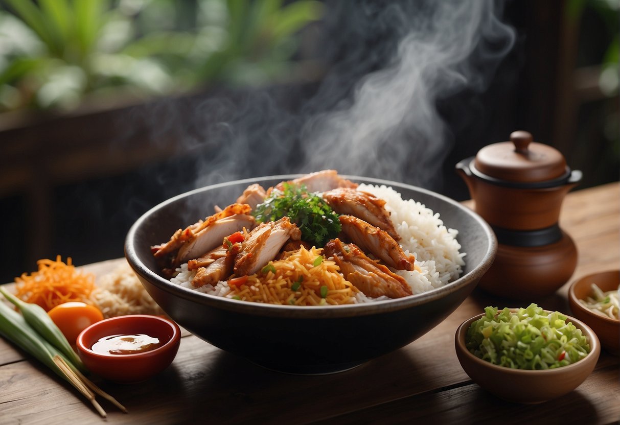 A steaming bowl of Chinese-style nasi ayam sits on a rustic wooden table, surrounded by traditional condiments and garnishes. The aroma of fragrant rice and tender chicken fills the air