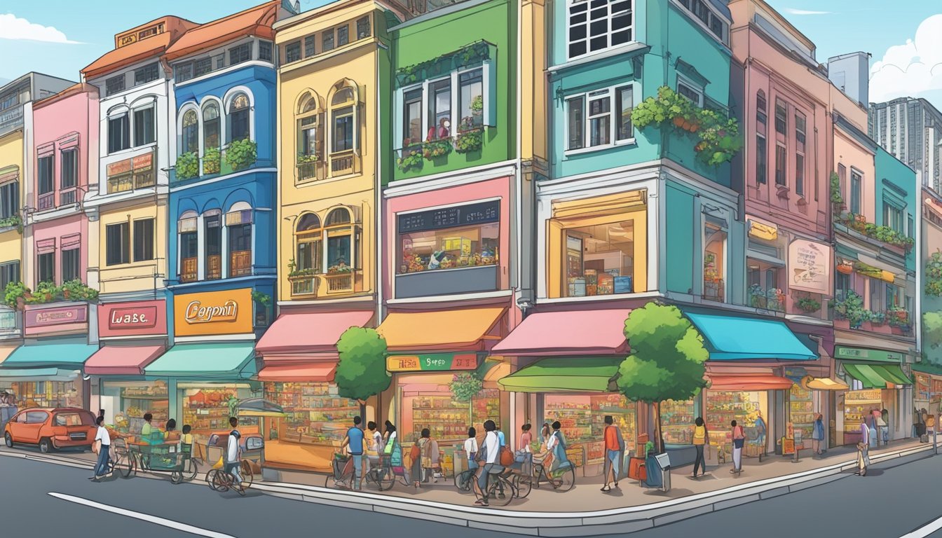 A bustling street in Singapore, with colorful storefronts and a prominent sign advertising "Lepin" toys. Shoppers browse the shelves inside, eager to discover the latest offerings