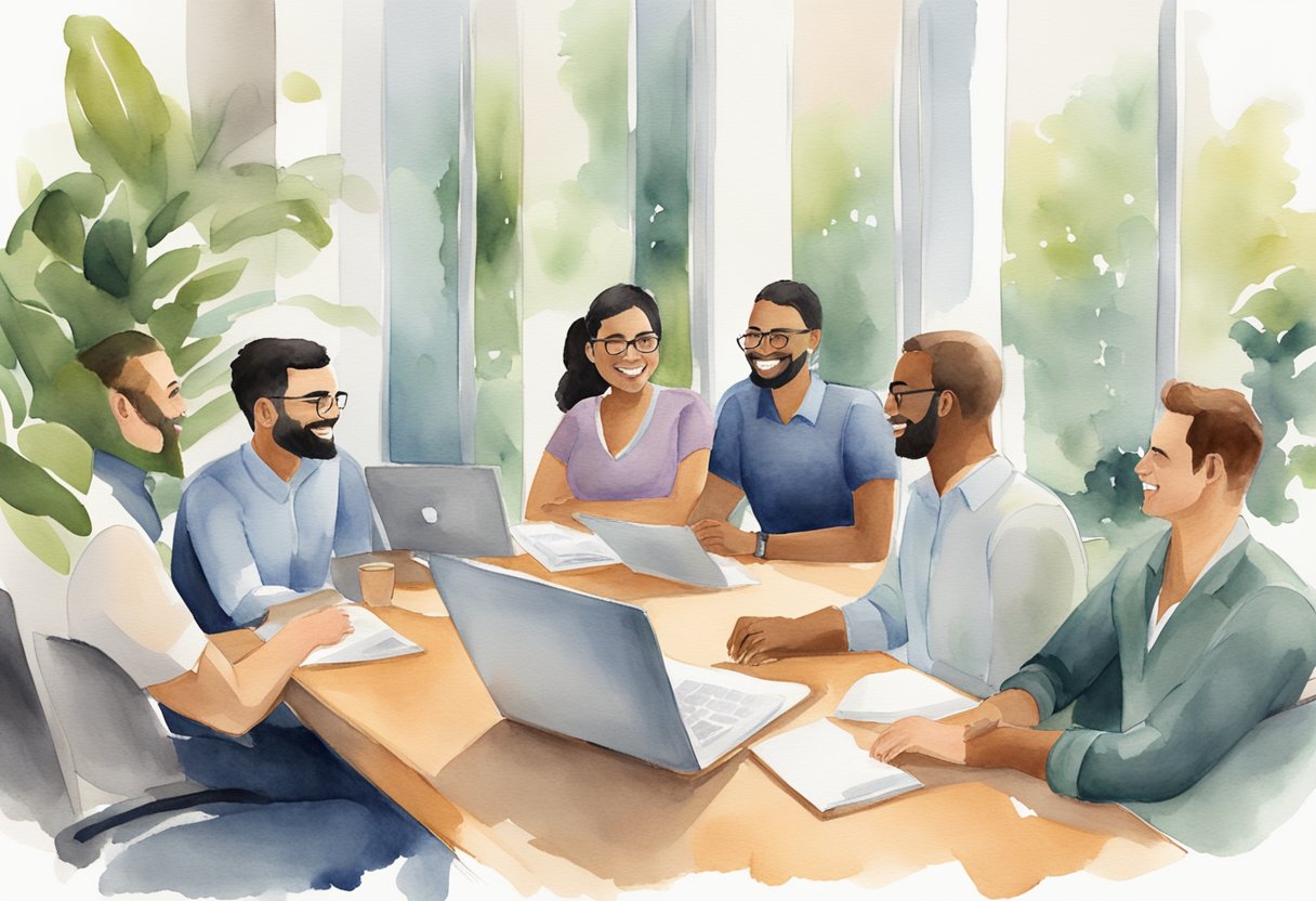 A group of diverse colleagues engage in open conversation, smiling and maintaining eye contact. A welcoming environment is evident through their relaxed body language and approachable demeanor