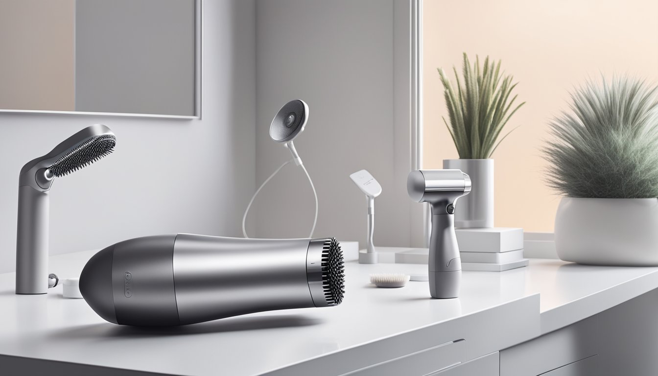 A Dyson Supersonic hair dryer sits on a sleek white countertop, surrounded by various hair styling products. A soft breeze ruffles nearby towels