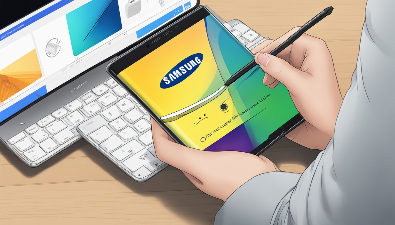 A hand holding a Samsung Note 8 stylus, with a Best Buy logo in the background, surrounded by frequently asked questions about the stylus