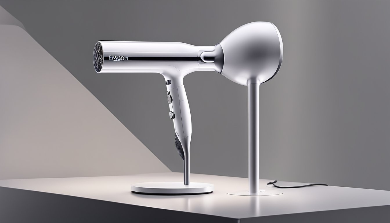The Dyson Supersonic hair dryer is revealed on a sleek display stand, surrounded by a soft spotlight, with its smooth, futuristic design catching the eye