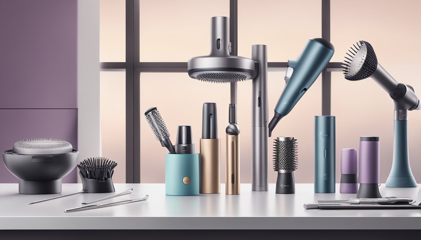 The Dyson Supersonic hair dryer sits on a sleek countertop, surrounded by various styling tools and products. Its modern design and advanced technology are highlighted, creating a luxurious and professional atmosphere