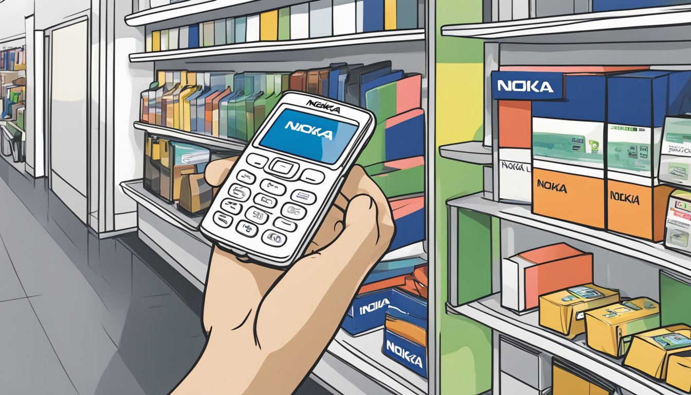 A hand reaching out to purchase a Nokia phone in a Singaporean store