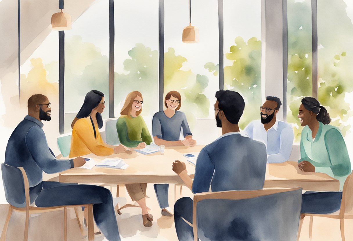 Colleagues gather around a welcoming coworker, smiling and engaged in conversation. The atmosphere is open and inclusive, with a sense of approachability and ease