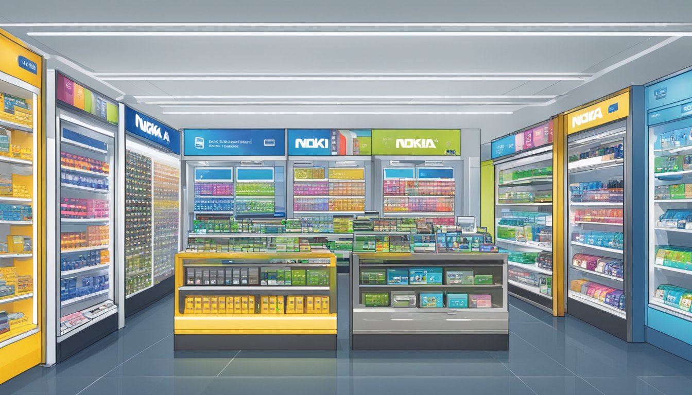 A bustling electronic store in Singapore displays a variety of Nokia phones on sleek, well-lit shelves. Customers browse and interact with the latest models