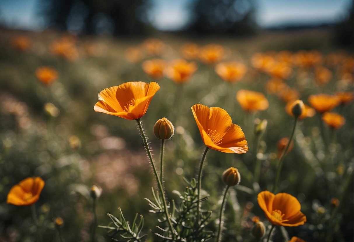 A hand reaching for a California poppy in a field of wildflowers