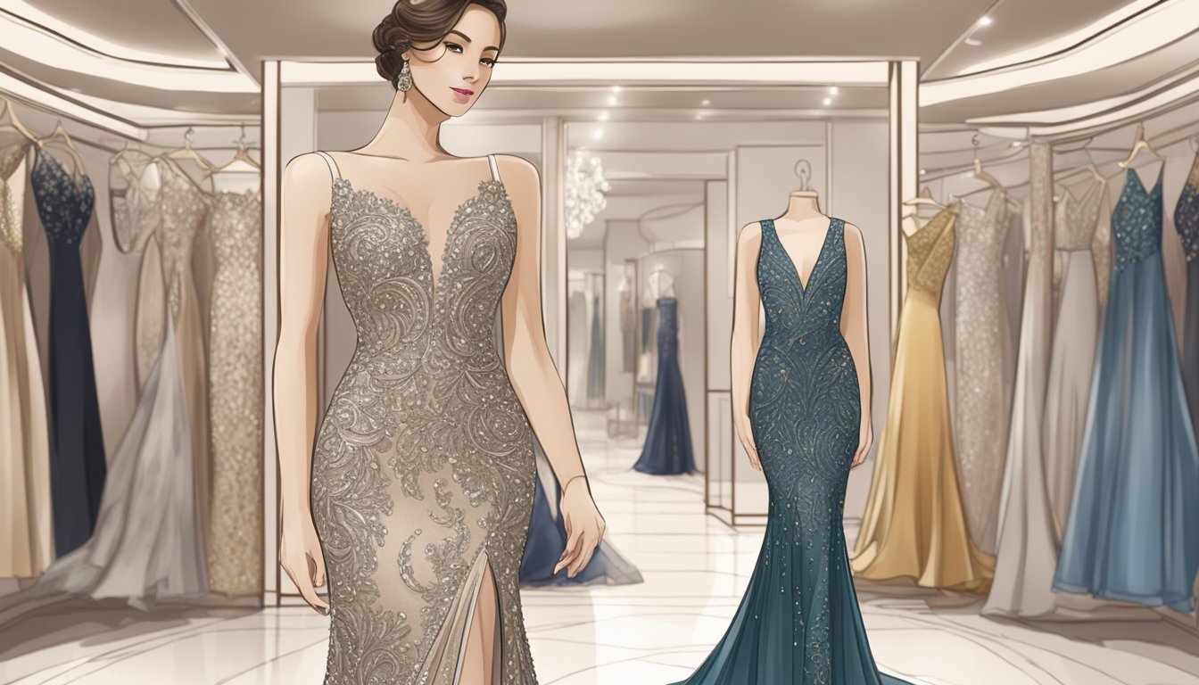A luxurious evening dress displayed in a high-end boutique in Singapore. Sparkling sequins and intricate lace details catch the light, drawing the eye of potential buyers