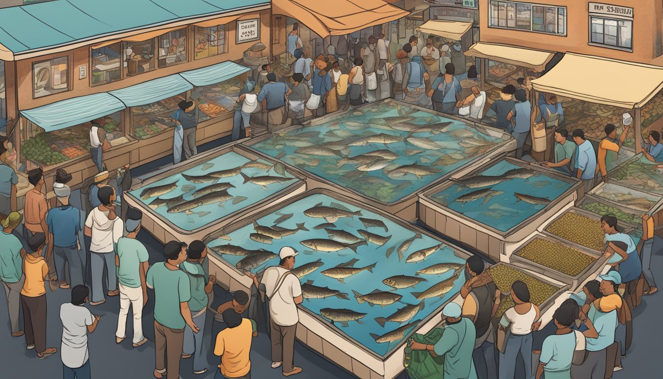 A bustling marketplace with vendors selling live catfish in tanks, customers asking questions and pointing to the fish, signs indicating prices and availability