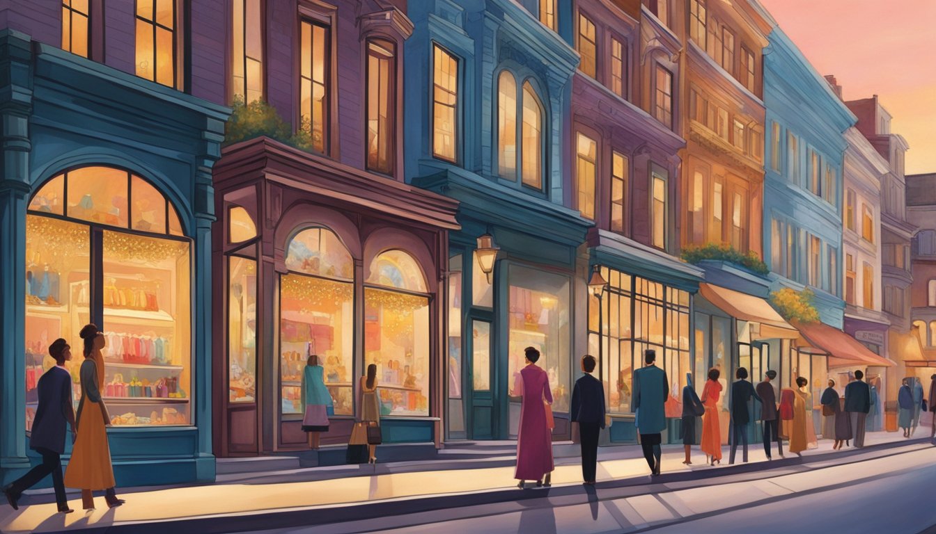 A bustling street lined with elegant storefronts, showcasing glamorous evening dresses in vibrant colors and intricate designs. Pedestrians pause to admire the window displays, while the warm glow of streetlights adds a touch of magic to the scene
