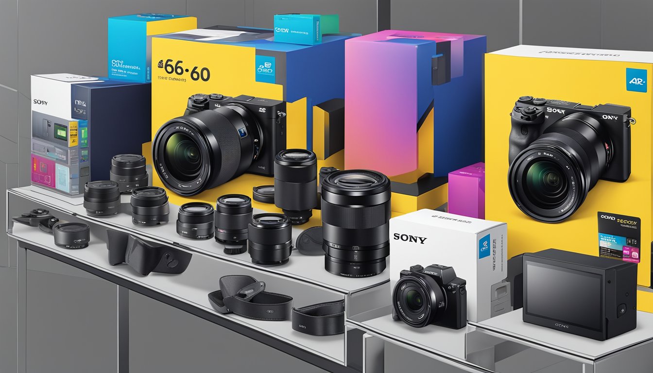 A Sony a6000 camera bundle sits on a shelf at Best Buy, surrounded by accessories and packaging