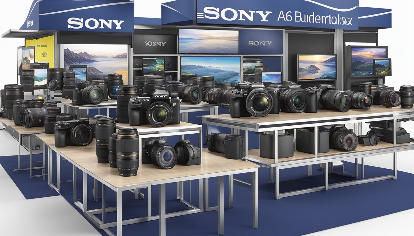 A display table showcases the Sony A6000 bundle at Best Buy, featuring the camera, lenses, and accessories in a well-organized and attractive arrangement