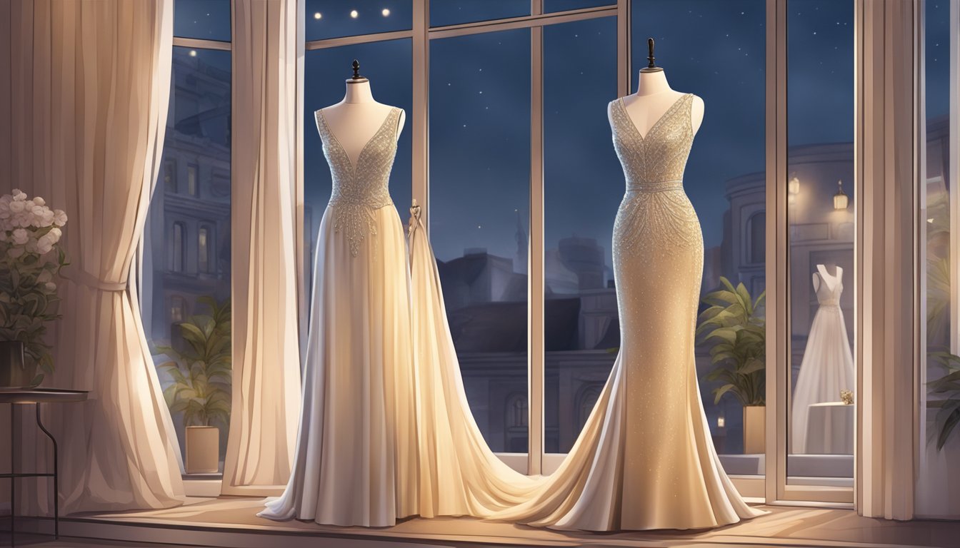A luxurious evening gown displayed on a mannequin in a boutique window, surrounded by soft lighting and elegant decor