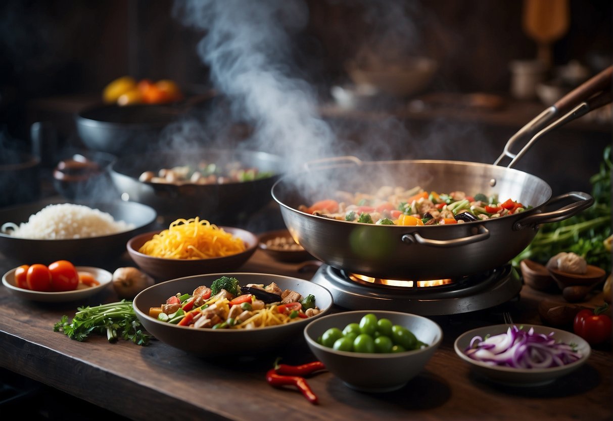 A table filled with colorful ingredients and cooking utensils, with a steaming wok in the center, showcasing the creation of new Chinese food recipes