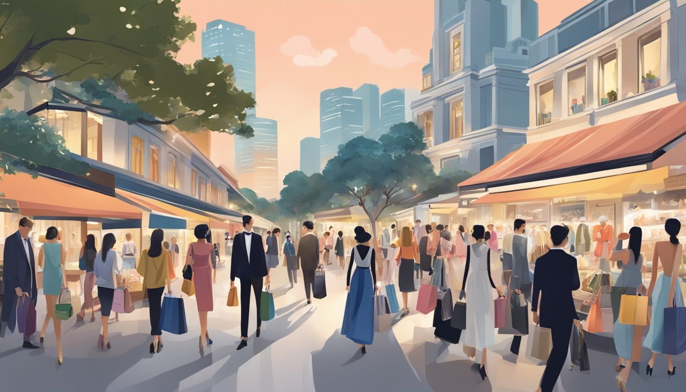 A bustling evening scene in Singapore, with a variety of elegant dress shops and stylish shoppers browsing for the perfect outfit