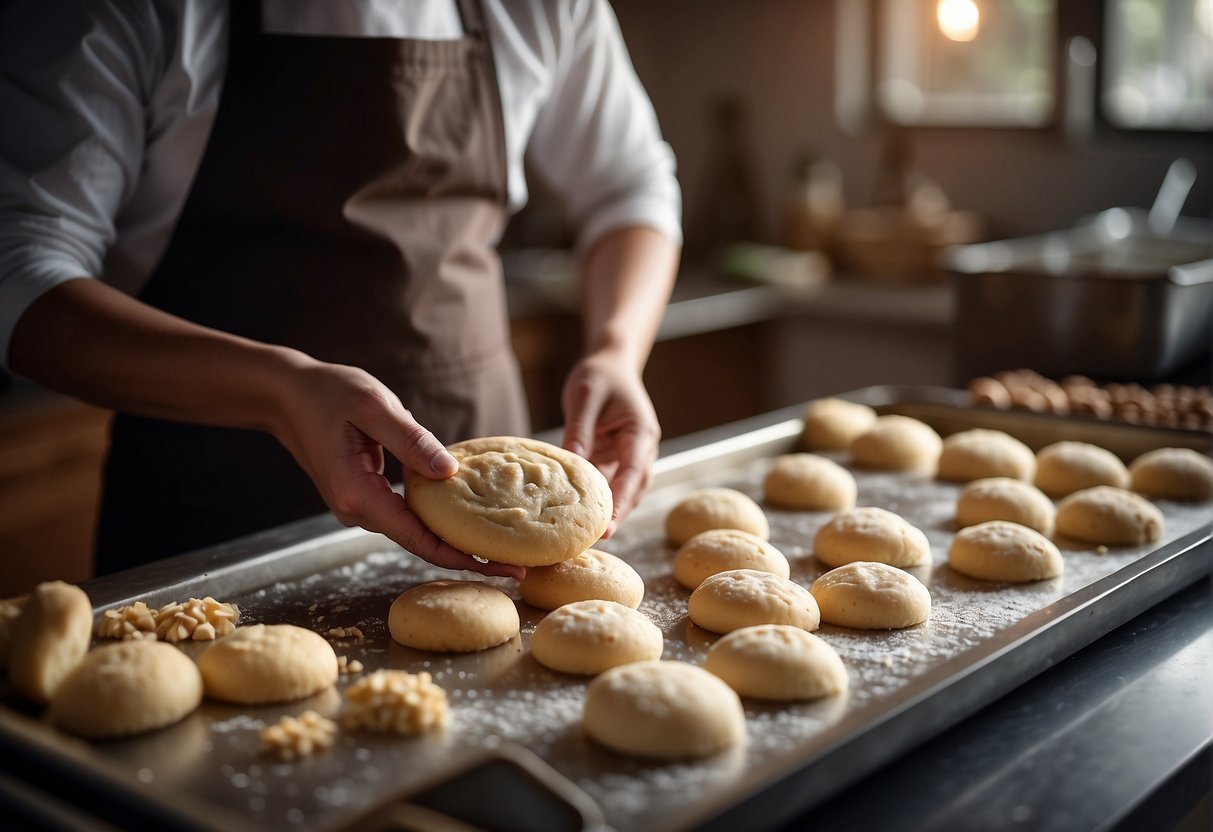 A baker mixes dough, shapes Chinese cookies, and places them on a baking sheet. Ingredients and recipe book sit nearby