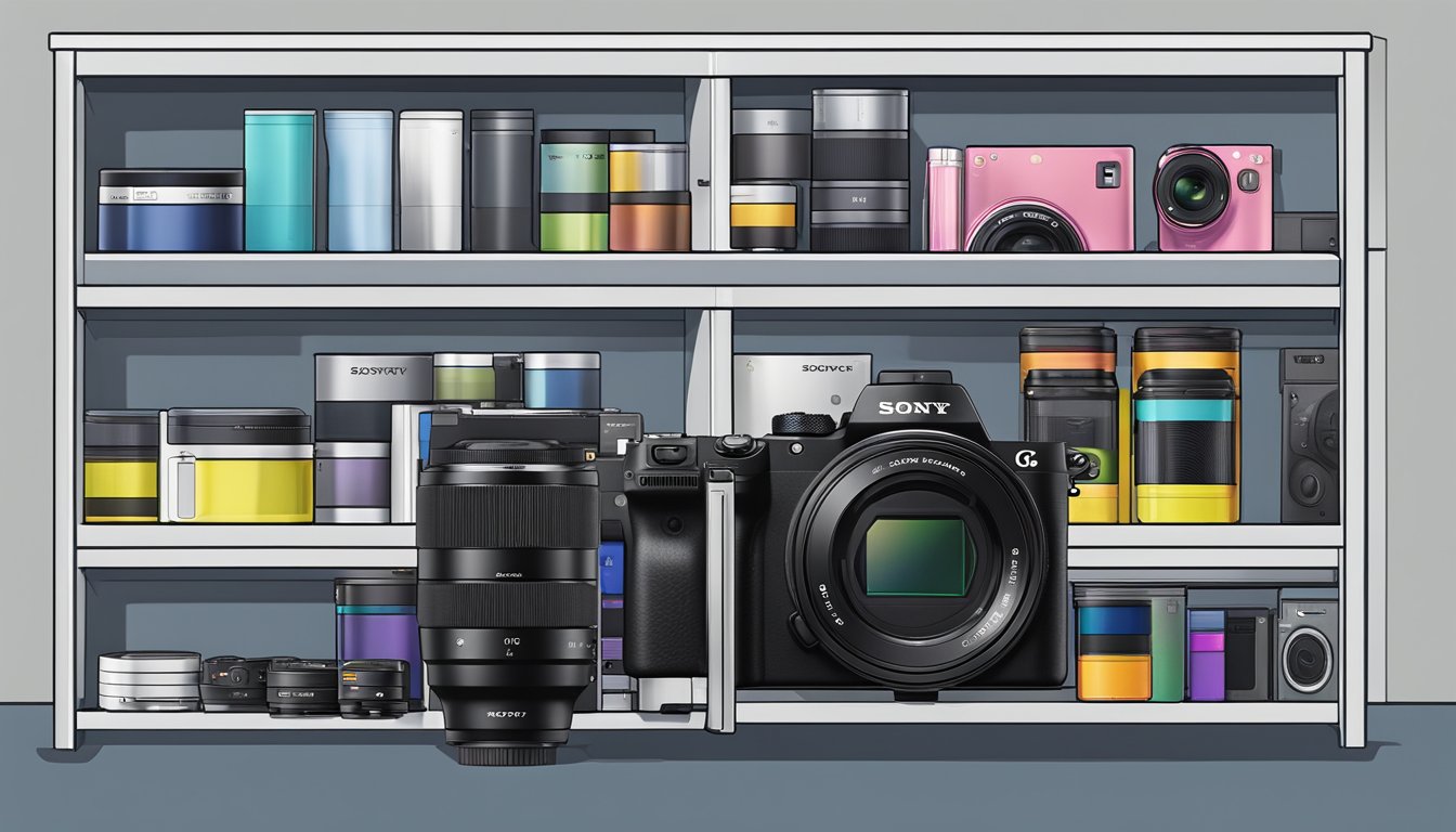 A Sony a6000 camera bundle displayed with accessories on a Best Buy store shelf