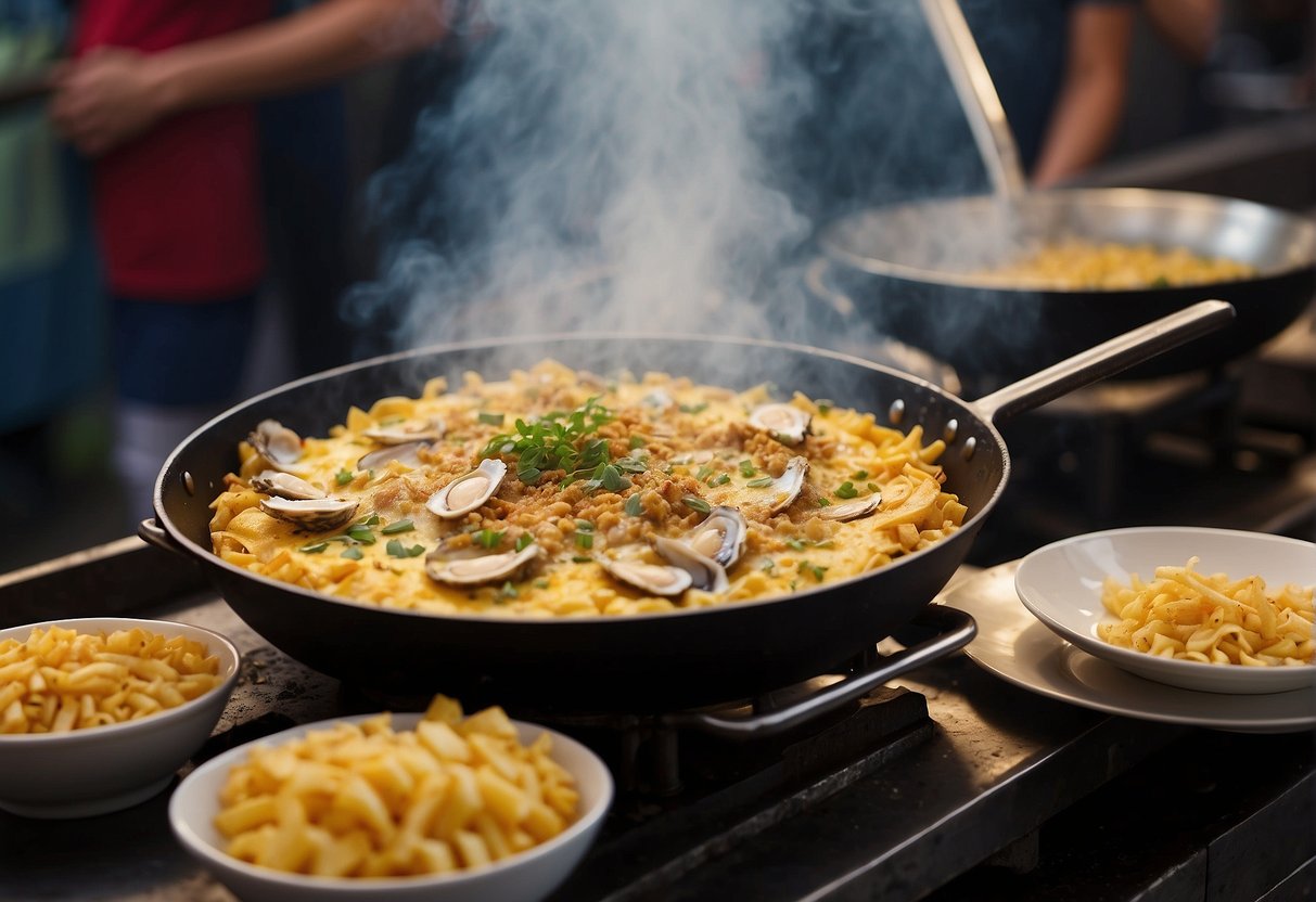 A sizzling wok fries plump oysters, eggs, and starch, creating a golden, crispy omelette. Aromas of savory soy sauce and tangy vinegar fill the air, evoking the bustling street markets of Taiwan