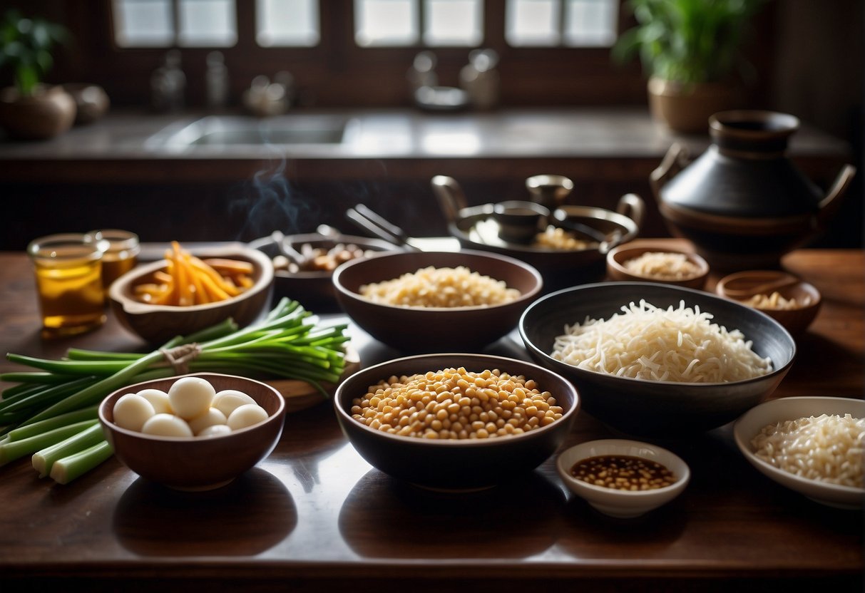 A table with various Chinese cooking ingredients: soy sauce, ginger, garlic, sesame oil, and green onions. A wok, chopsticks, and a steamer basket are also present