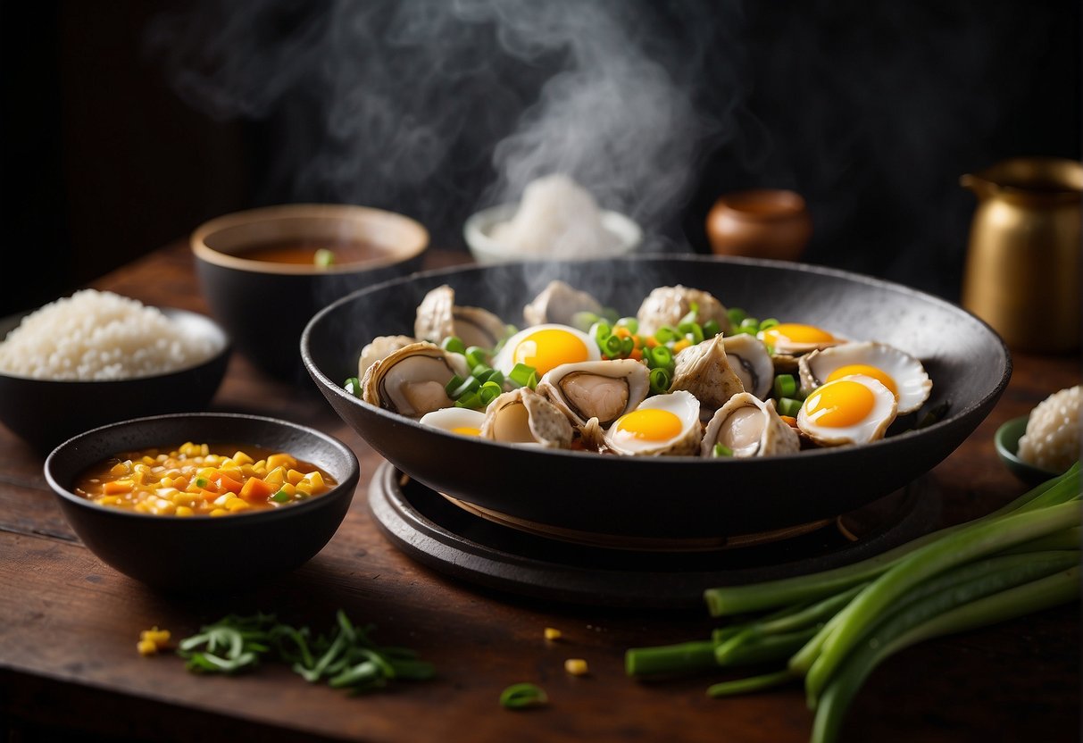 A sizzling hot wok with eggs, plump oysters, and green onions. A bowl of cornstarch slurry and a bottle of soy sauce on the side