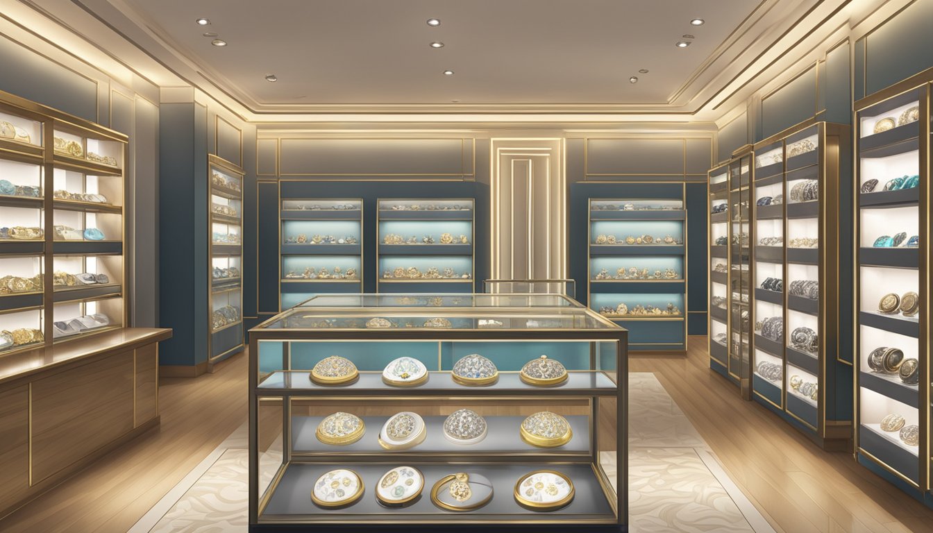 A display of lockets in a jewelry store in Singapore. Shelves are filled with various designs and styles, reflecting the soft glow of the store's lighting