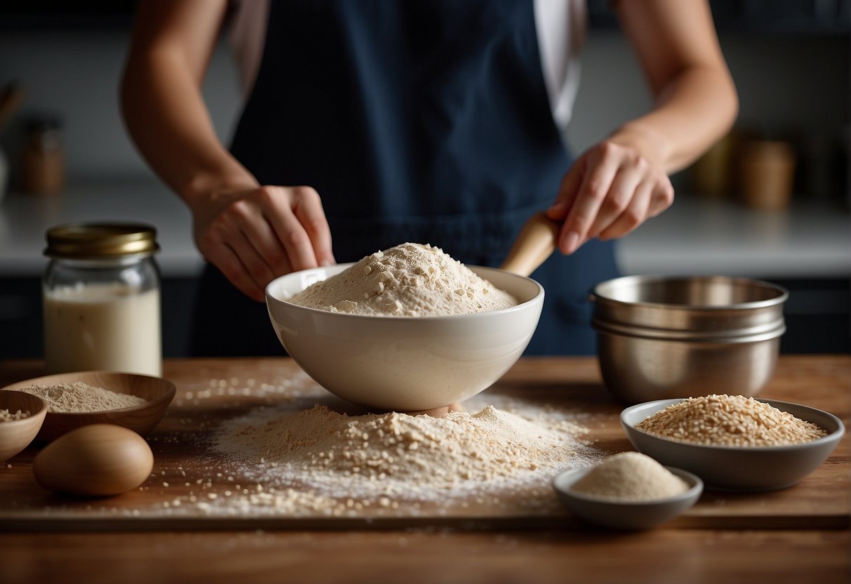 A mixing bowl filled with flour, sugar, and spices sits on a kitchen counter. A hand reaches for a jar of sesame seeds while another hand holds a rolling pin ready to flatten the dough
