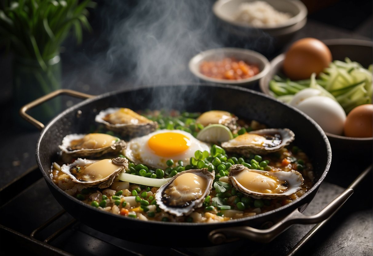 A sizzling hot pan with oysters, eggs, and green onions being skillfully mixed together, creating a fragrant and flavorful Chinese fried oyster omelette
