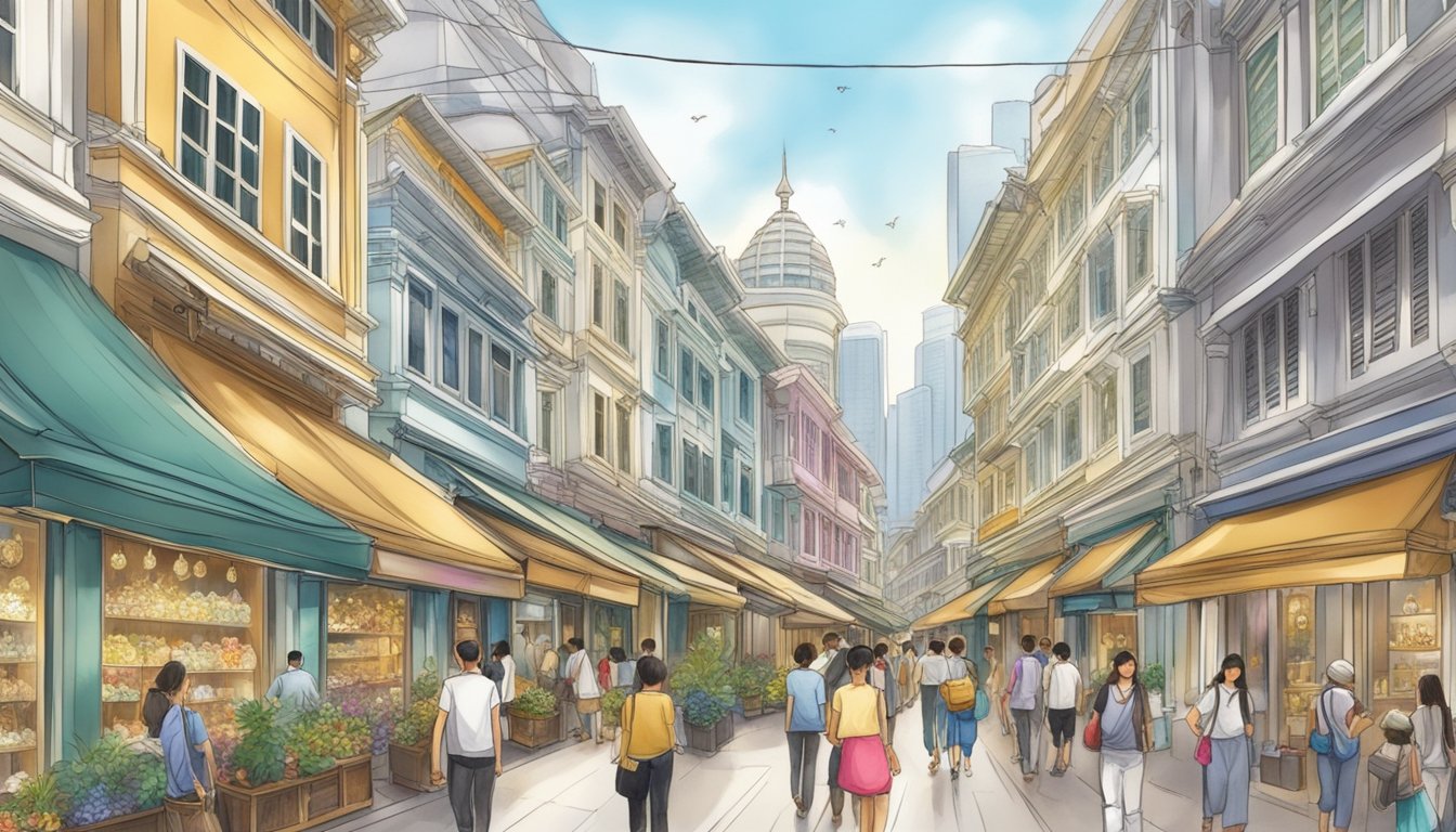A bustling street in Singapore, lined with elegant jewelry shops showcasing a variety of exquisite lockets in gold, silver, and precious gemstones