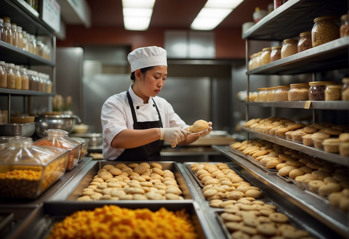 A baker carefully mixes ingredients for Chinese cookies in a bustling New York bakery, surrounded by shelves of exotic spices and colorful packaging