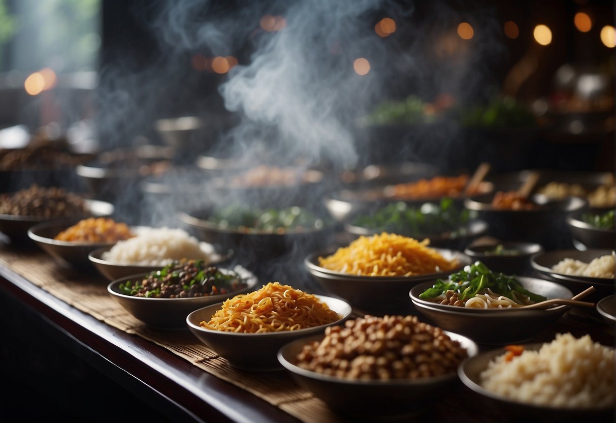 A table filled with steaming plates of popular Chinese dishes. Aromatic spices fill the air as chopsticks hover over the array of delicious food