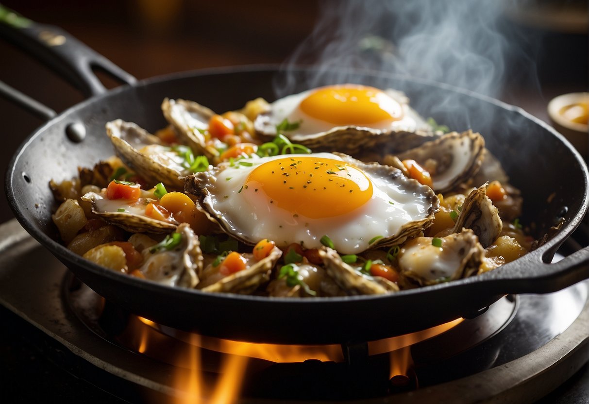 A sizzling hot wok fries up plump oysters, eggs, and scallions, while a savory sauce is drizzled over the golden brown omelette