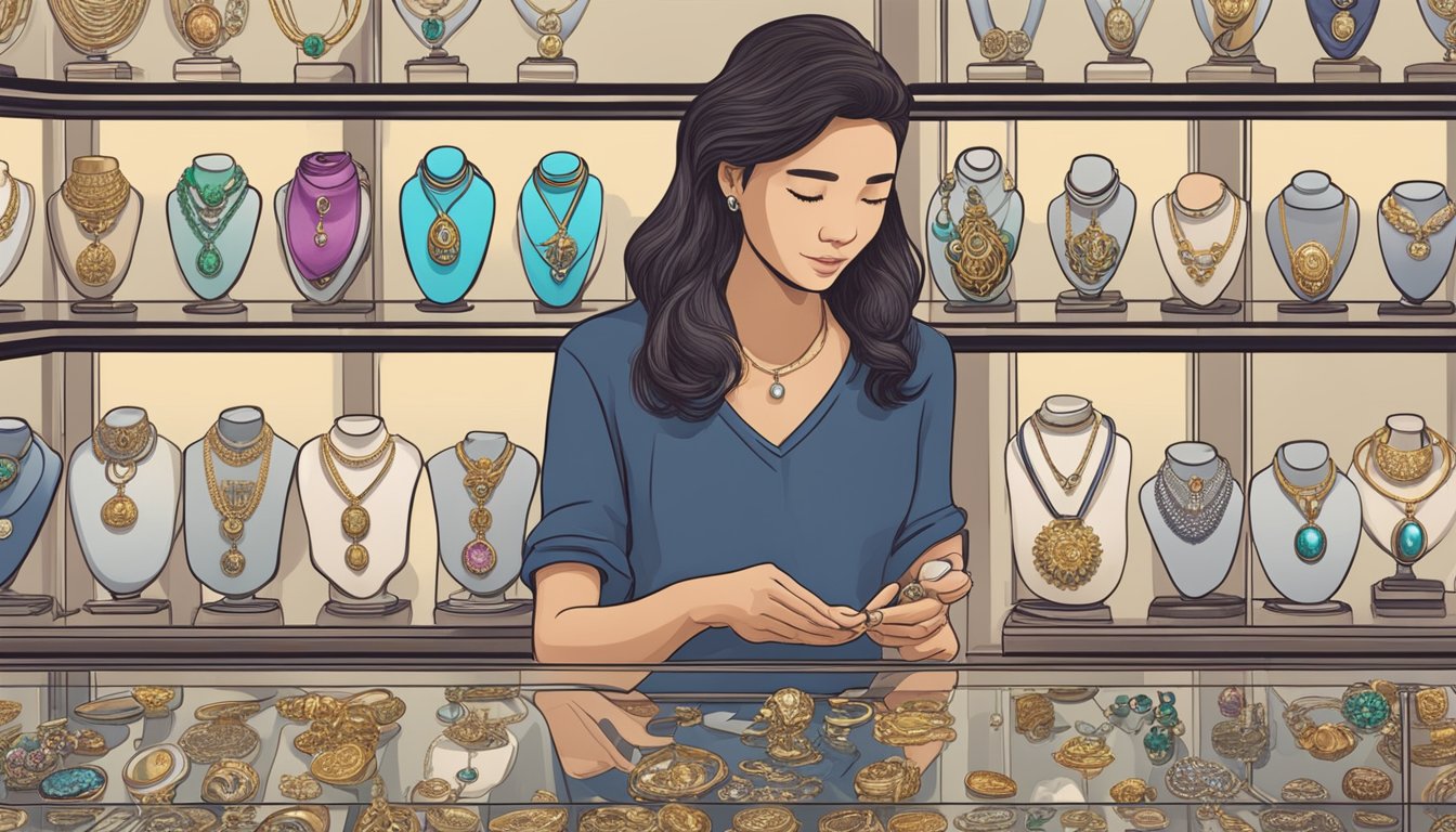 A woman carefully examines various lockets in a jewelry store in Singapore, pondering which one to purchase