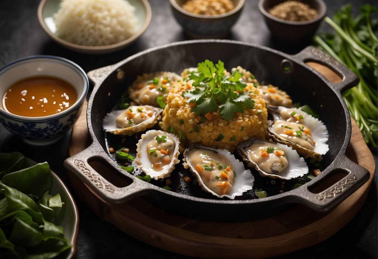 A sizzling hot plate of Chinese fried oyster omelette is elegantly presented with a garnish of fresh herbs and a drizzle of savory sauce