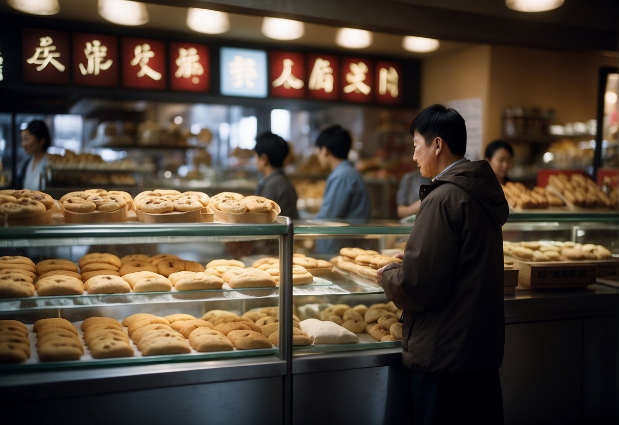 A bustling New York bakery with Chinese cookies on display, customers browsing, and a sign reading "Frequently Asked Questions: Chinese Cookies Recipe."