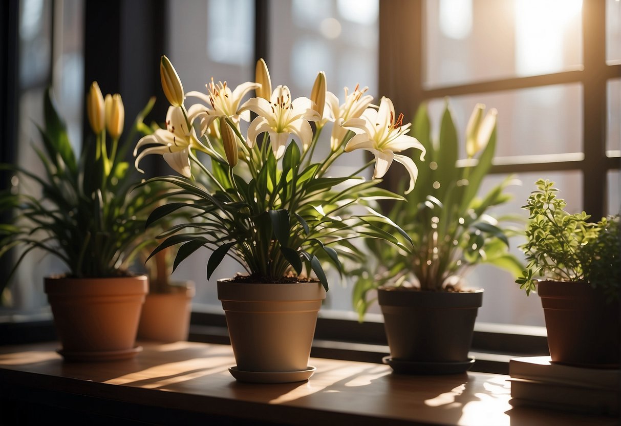 Lilies bloom in a sunlit indoor space, surrounded by potted plants and a large window